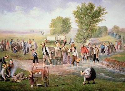 Mormon pioneers pulling handcarts on the long journey to Salt Lake City in 1856 by American School