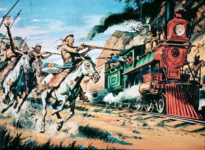 Native American warriors attack the invading the iron horse by American School