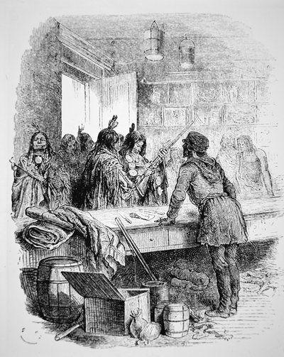 Native American warriors trading for guns by American School