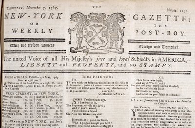 New York Gazette masthead declaring its opposition to the stamps, printed 7th November 1765 by American School