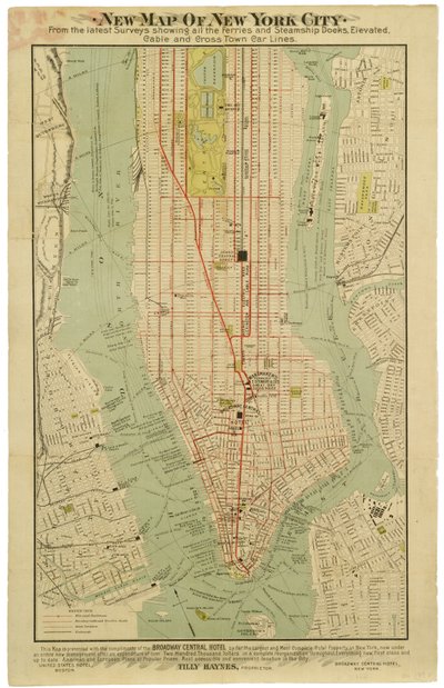 New map of New York City from the latest surveys showing all the ferries and steamship docks, elevated, subways electric and cross town car lines by American School