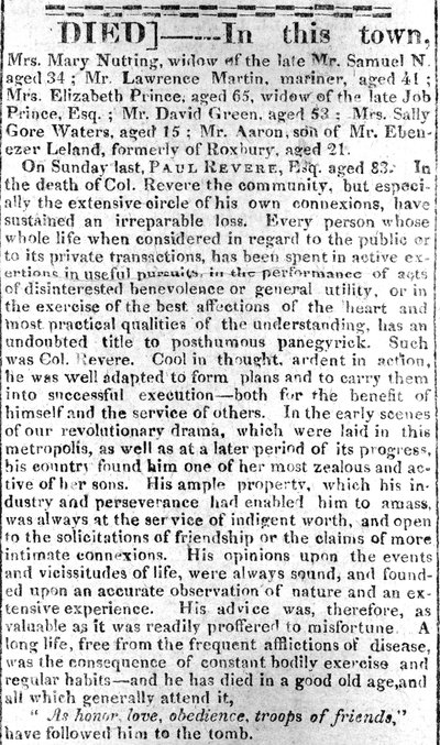 Obituary Page from the Boston Intelligencer, 16th May 1818 by American School