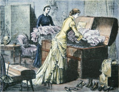 Packing Saratoga Trunk for train journey to Saratoga Springs, New York, c.1880 by American School