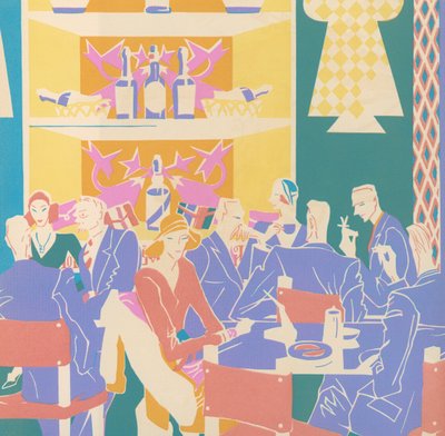 Patrons at Tables in an Art Deco Jazz Club by American School