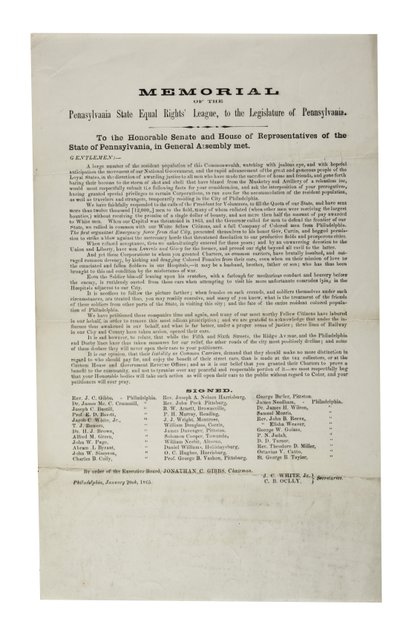Memorial of the Pennsylvania State Equal Rights League to the Legislature of Pennsylvania, 20 January 1865 by American School