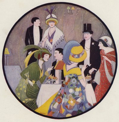 People Socialising After a Play, a Scene from the Short Story, After The Play, by J A Waldron (colour litho) by American School