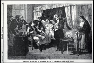 Performing the Operation of the Transfusion of Blood at the Hospital of Pity, Paris, France, illustration from the American Scientist by American School