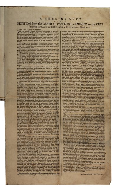 Petition from the General Congress in America to the King, Continental Congress, 26th October 1774 by American School