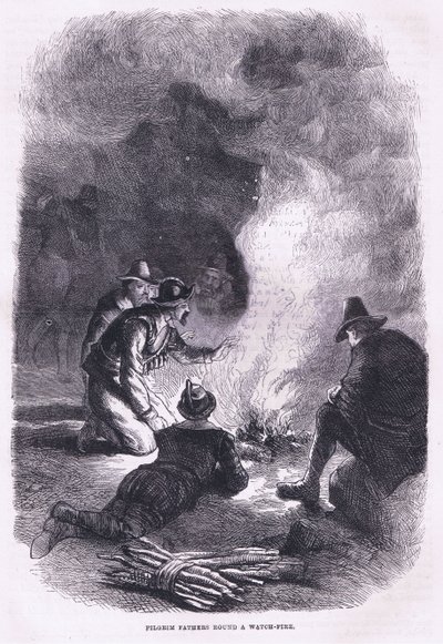 Pilgrim Fathers around a watch fire, illustration from Cassell