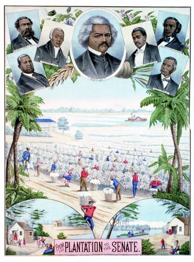 Plantations in the Senate: illustration depicting black workers in cotton plantations and black senators in the southern United States. by American School