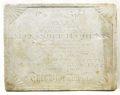 Plaque for the cenotaph marking the spot where Alexander Hamilton was mortally wounded during a duel with Aaron Burr by American School