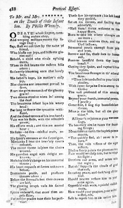Poem Written to a Couple on the Death of Their Child by Phillis Wheatly, Published in the Boston Magazine, 1783-84 by American School