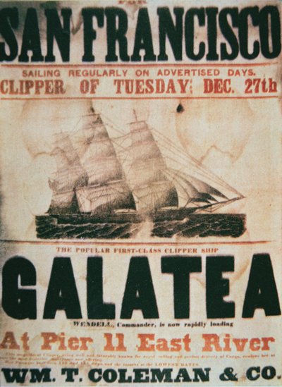 Poster advertising the New York to San Francisco route of the clipper ship 