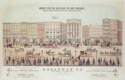 Poster of a view of Broadway, from Anthony to Franklin Street, advertising Robinsons Patent Hand Sewing Machine, 1855 by American School