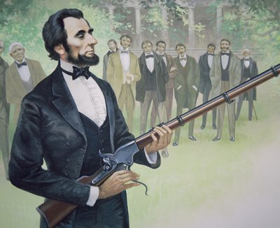 President Abraham Lincoln test-fires the Spencer seven-shot repeater rifle in August 1863 by American School