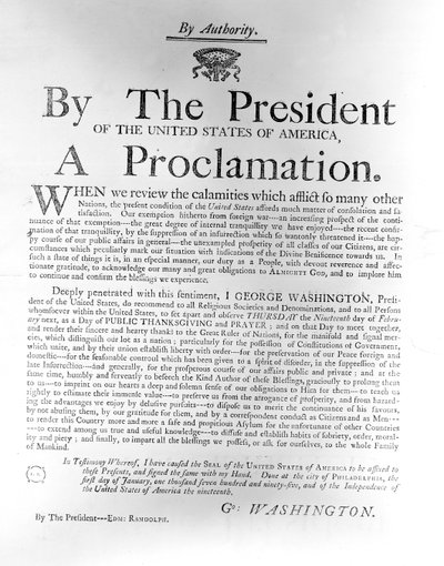 Proclamation from President George Washington setting apart Thursday, 19th February as a day of Public Thanksgiving and Prayer, 1795 by American School