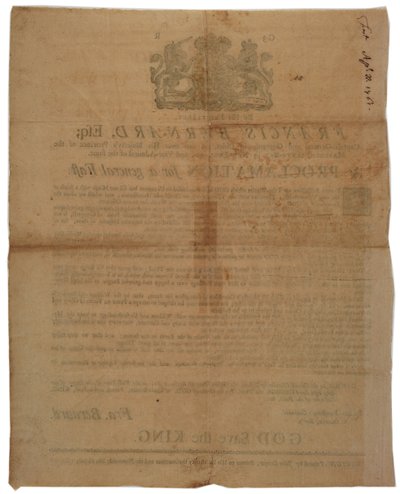 Proclamation in the name of Francis Bernard, Governor of Massachusetts Bay: announcing a day of fasting during French & Indian War, 8th April, 1761 by American School