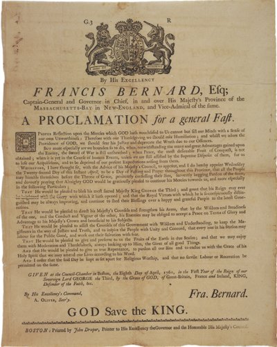 Proclamation in the name of Francis Bernard, Governor of Massachusetts Bay: announcing a day of fasting during French & Indian War, 8th April, 1761 by American School