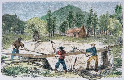 Prospectors using a sluice during the California Gold Rush of 1849 by American School