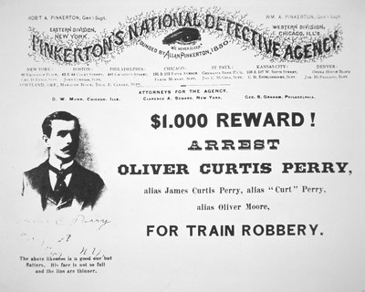Reward poster for the arrest of Oliver Perry issued by Pinkerton