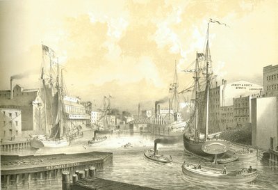 Rush Street Bridge, View from State Street, from Chicago Illustrated, with Literary Descriptions by James W. Sheahan, Published by Jevne & Almini, Chicago by American School