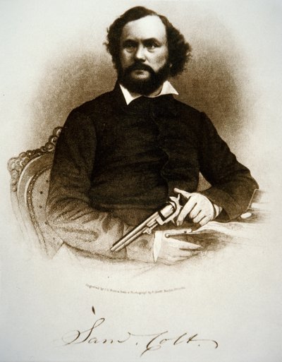 Samuel Colt holding one of his percussion revolvers by American School
