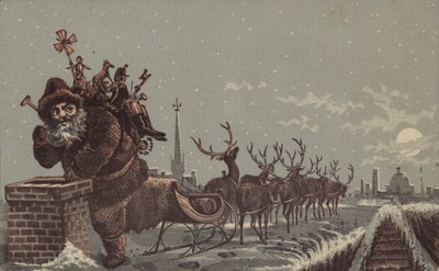 Santa and Reindeers Delivering Presents by American School