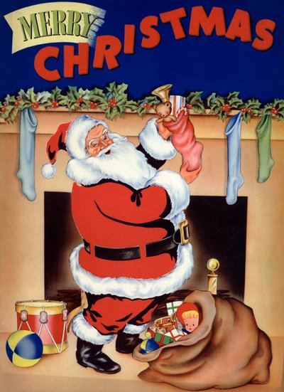 Santa Stuffing Stockings with Toys on Christmas Eve by American School