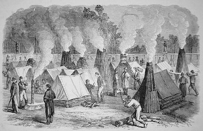 Scene in camp life - chimney architecture - the Federal soldiers at their camp fires (engraving) by American School