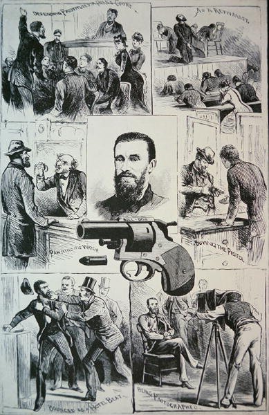 Scenes from the life of assassin Charles Jules Guiteau and the gun he used to kill President James A. Garfield by American School