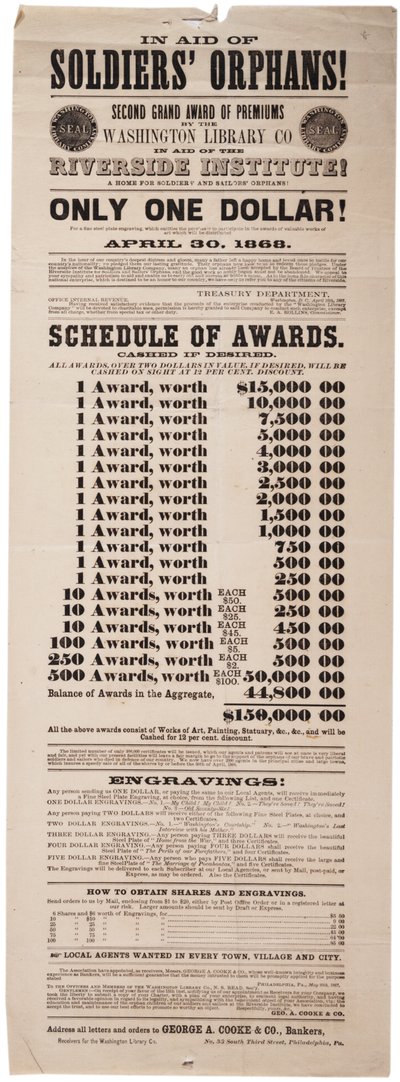 Second Grand Premiums by the Washington Library Co in aid of the Riverside Institution, 20th May 1867 by American School