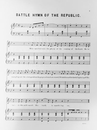 Sheet music to the Battle Hymn of the Republic, written by Julia Ward Howe, 1862 by American School