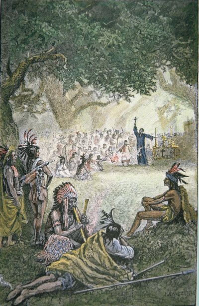 Spanish Jesuit Missionaries converting Native Americans in California in the 17th century by American School