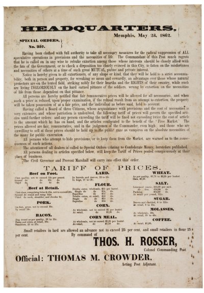 Special Order No. 357 Publishing Food Prices to Prevent Speculation, 23 May 1862 by American School