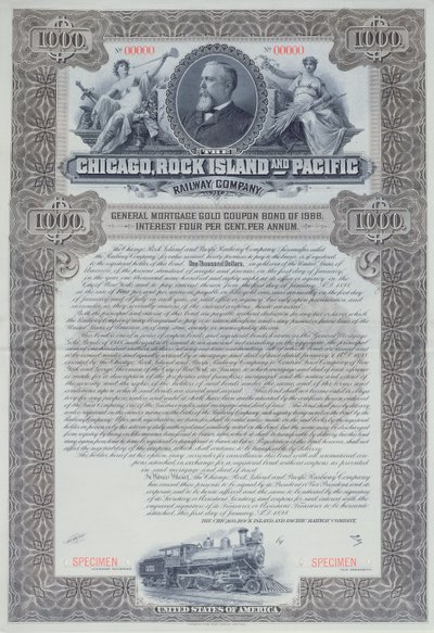 Specimen bond certificate for 1000 dollars for the Chicago, Rock Island and Pacific Railway Company, 1898 by American School