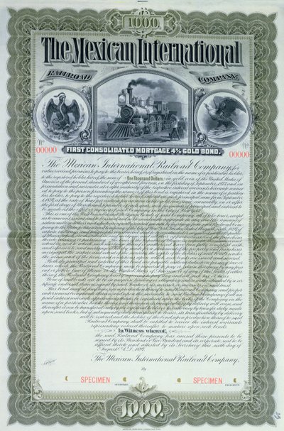 Specimen bond certificate for 1000 dollars for the Mexican International Railroad Company, 1897 by American School
