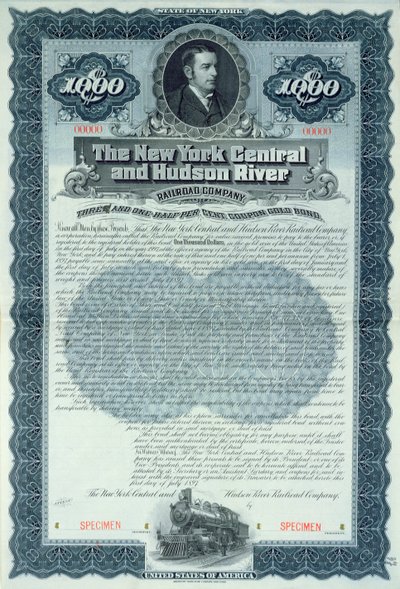 Specimen bond certificate for 1000 dollars for the New York Central and Hudson River Railroad Company, c.1900 by American School