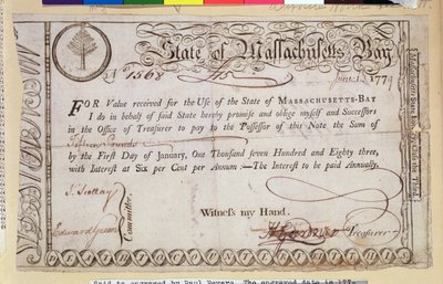 State of Massachusetts Bay Promissory Note, said to be engraved by Paul Revere by American School