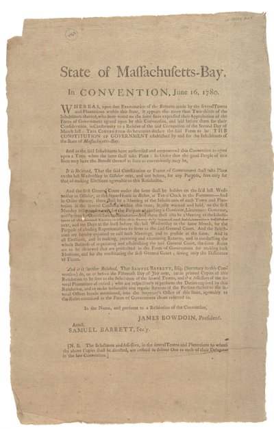 State of Massachusetts in Convention, State Constitution, 16th June 1780 by American School