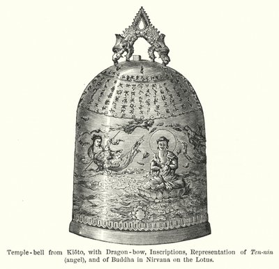 Temple-bell from Kioto, with Dragon-bow, Inscriptions, Representation of Ten-nin, angel, and of Buddha in Nirvana on the Lotus by American School