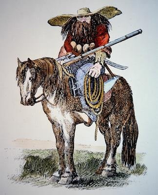 Texas Ranger cartoon, depicting the urban eastern view of the wild and hairy Ranger by American School