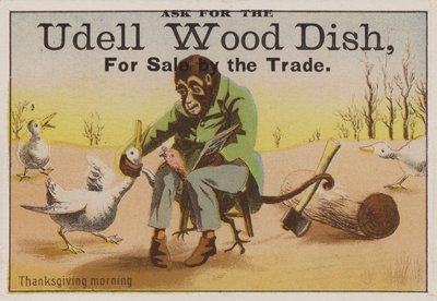 Thanksgiving Morning, Trade Card Advertising Udell Wood Dishes by American School