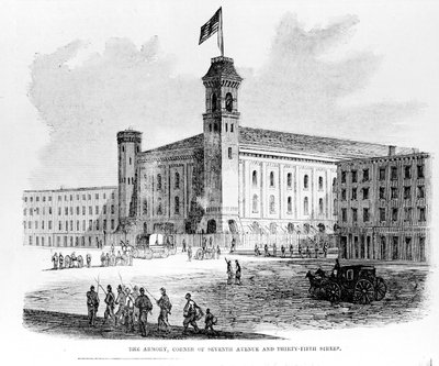 The Armory, Corner of Seventh Avenue and Thirty-Fifth Street, scene from the Draft Riots in New York City, 1863 by American School