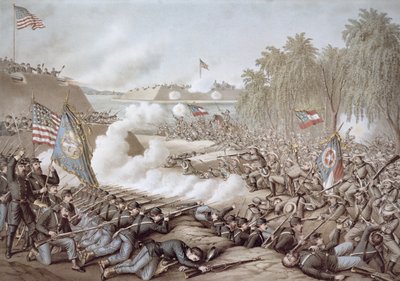 The Battle of Corinth, 3rd-4th October 1862, showing flags of North and South, by Kurz & Allison by American School
