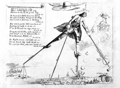 The Colossus, caricature of the Repeal of the Stamp Act by American School