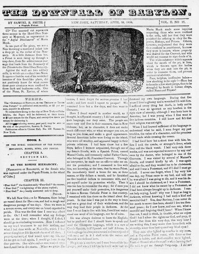 The Downfall of Babylon, illustration from an Anti-Catholic pamphlet showing a nun throwing a murdered infant into a pit, 1836 by American School