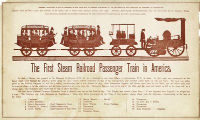 The First Steam Railroad Passenger Train in America, Published c.1870 (colour woodcut) by American School
