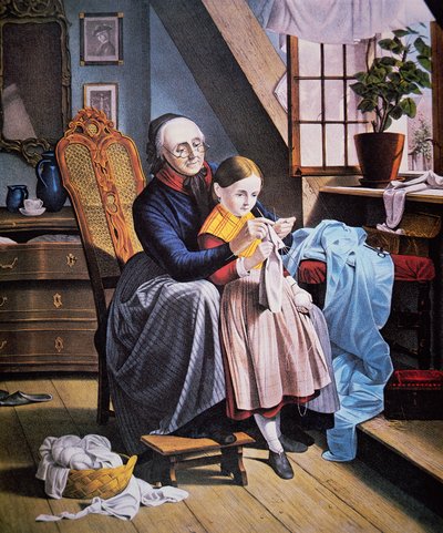 The Knitting Lesson, published by Currier & Ives by American School