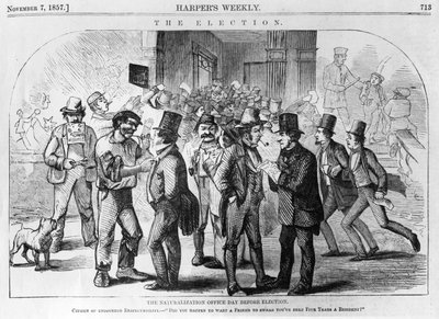 The Naturalisation Office Day Before Election, published in Harpers Weekly, November 7 1857 by American School