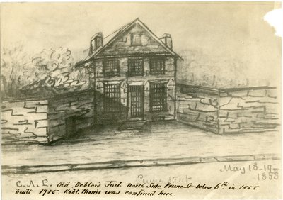 The Old Debtors Jail, Side of Prune St. below 6th, illustration from the Castner Scrapbook, 1858 by American School
